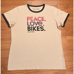 LIFE IS GOOD Peace Love Bikes Retro Ringer Cool Tee Graphic T-Shirt Beige Large